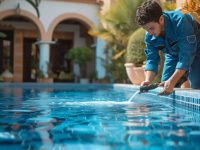 Handsome young worker in blue uniform cleaning blue swimming pool in classic Spanish Villa.