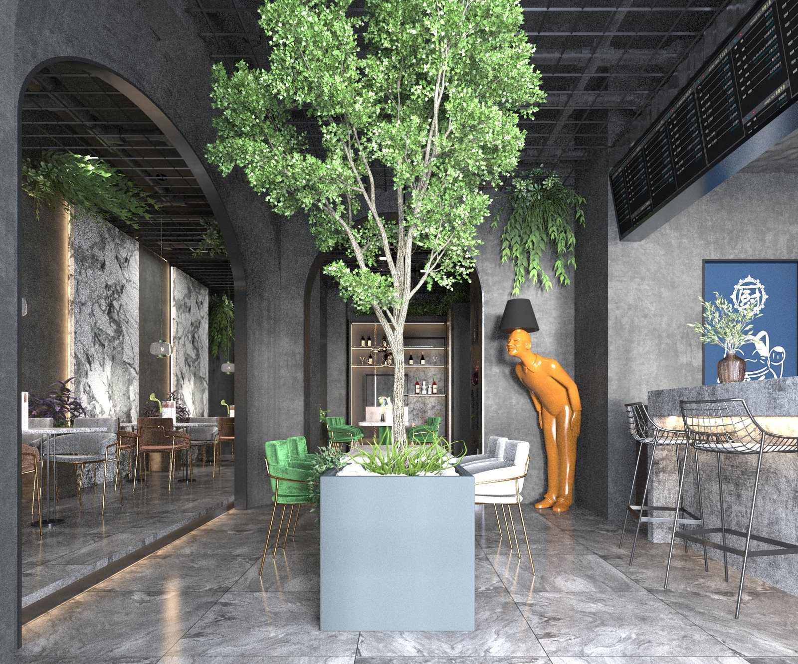 Industrial-style restaurant, bar and seating