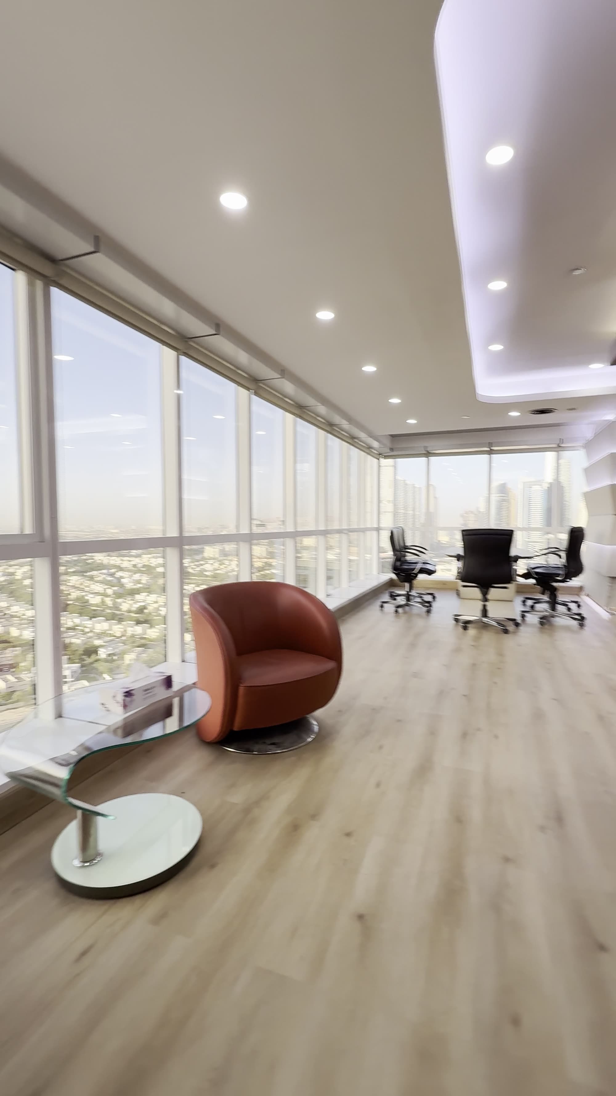 Executive lounge seating with Dubai skyline view